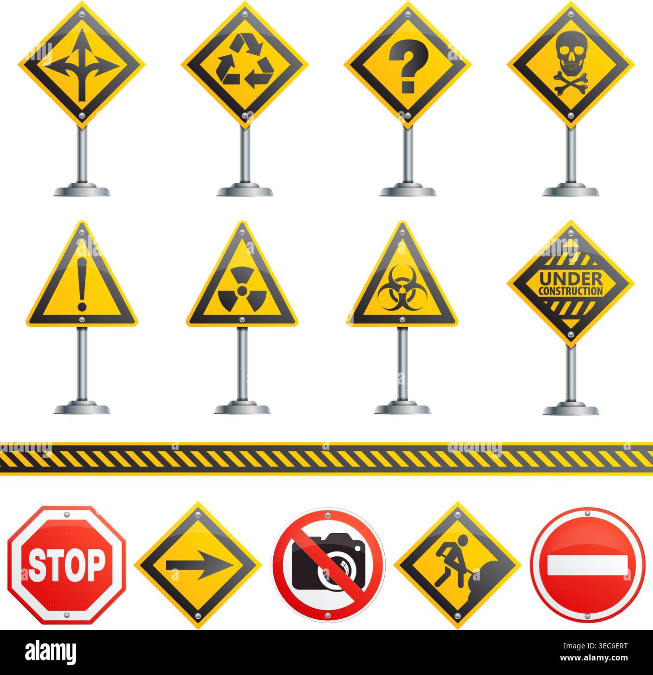 Collection Road Signs on a Pole, isolated on white background, vector illustration Stock Vector