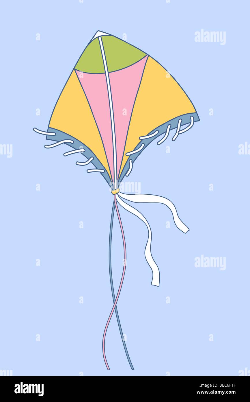 Classic colorful kite with decorative white strings. Stock Vector