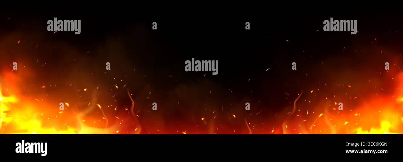 Fire with flying sparks, light of burning flame realistic vector illustration on black background. Dramatic fiery effect with glowing orange particles and smoke, dynamic overlay design element Stock Vector