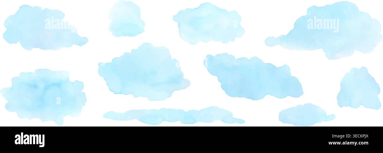 Soft blue watercolor clouds float across white vector illustration set Stock Vector