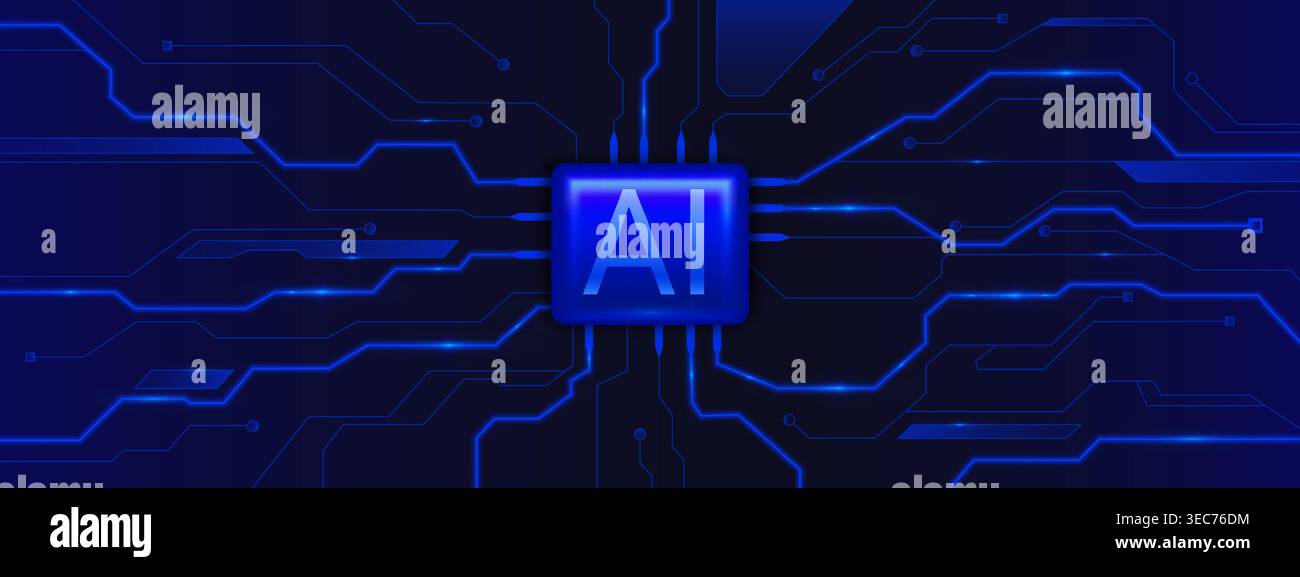 AI chip board design with neon glowing circuit pattern and tech element, abstract vector background. Digital processor with blue semiconductor architecture and intelligent computing power. Stock Vector