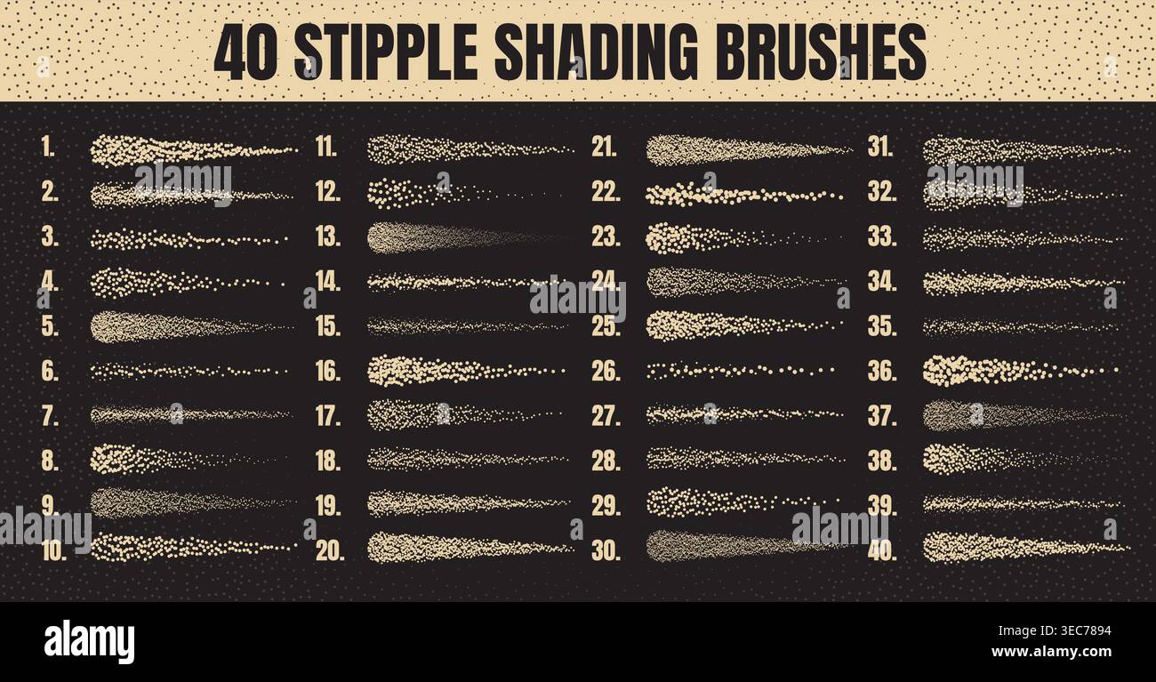 Ink scatter brush, stipple drawing and texturing. Fading gradient. Stippling, dotwork drawing, shading using dots. Halftone disintegration effect Stock Vector