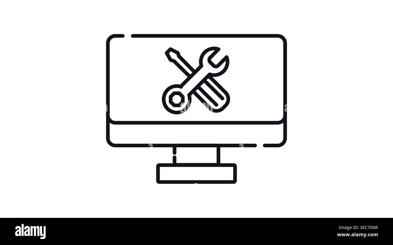 Computer repair and technical support icon: desktop PC with crossed wrench and screwdriver on screen Stock Vector