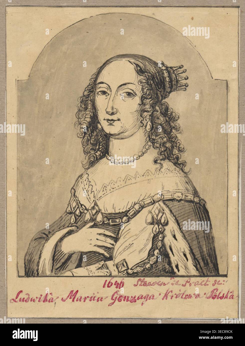 Portrait of Louise Maria Gonzaga after an engraving by Steven de Praet ...
