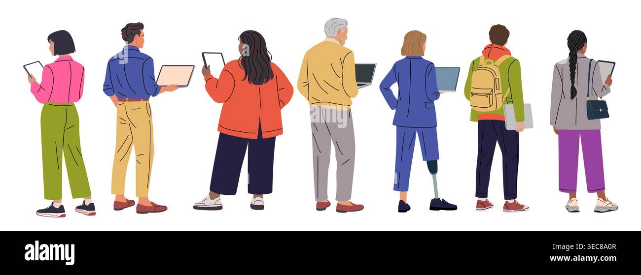 Rear view diverse business people using laptops  Stock Vector