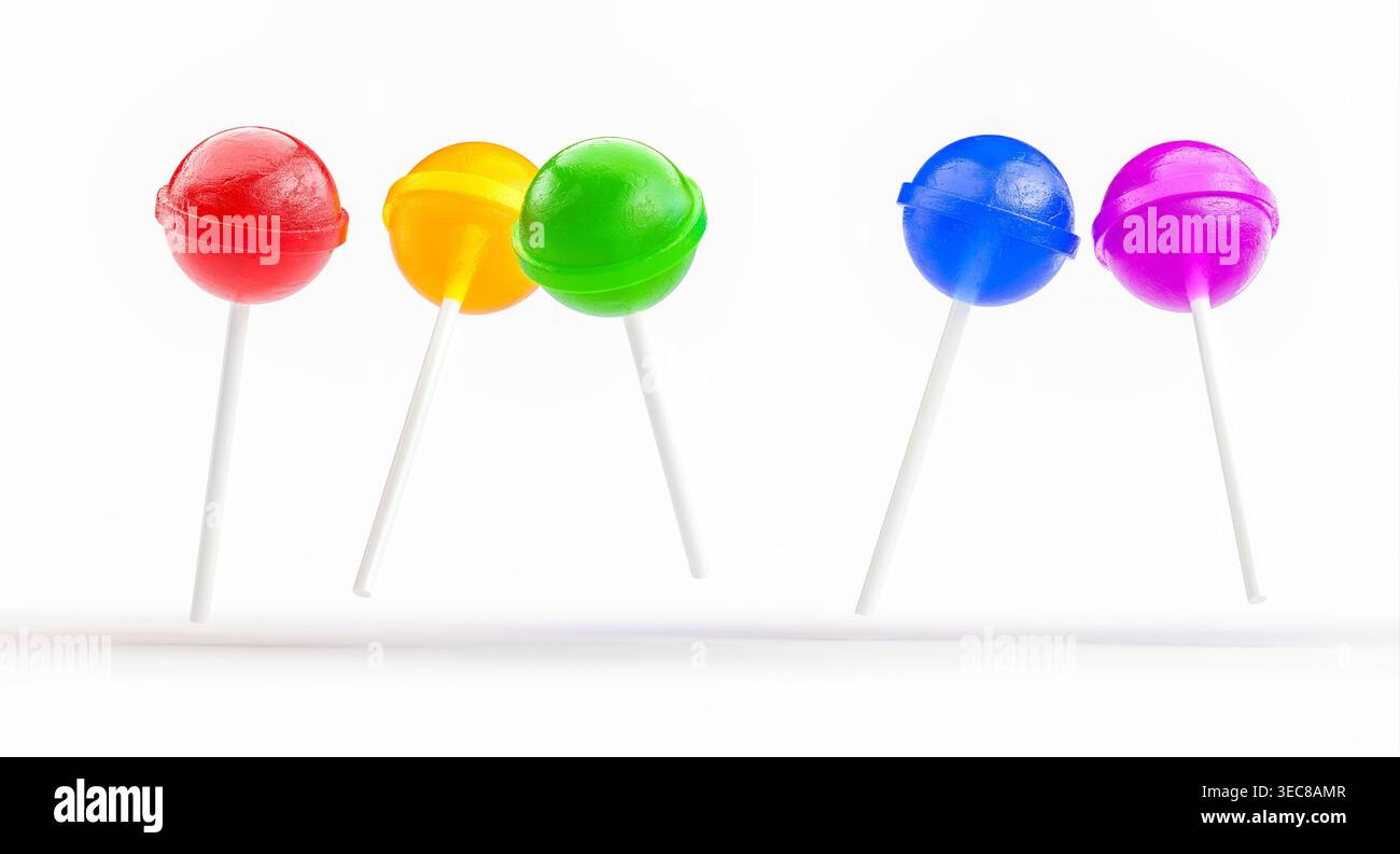 Colorful lollipops standing on white background 3d Stock Photo