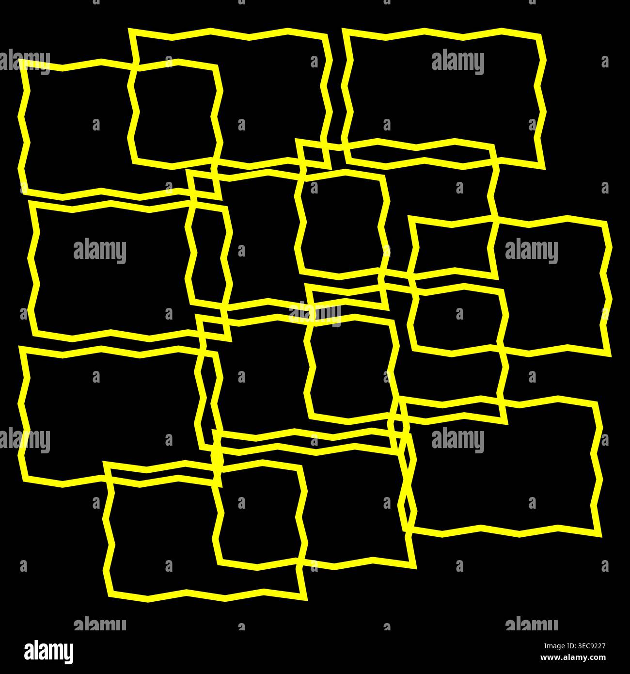 Geometrical frame Vector. Sophisticated yellow set. Distorted square pattern. Solid black background art. Stock Vector