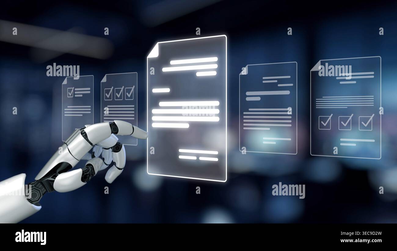 AI transforms document management using virtual assistant systems, AI-secure file storage, and artificial intelligence for paperless workflows. Kernel Stock Photo