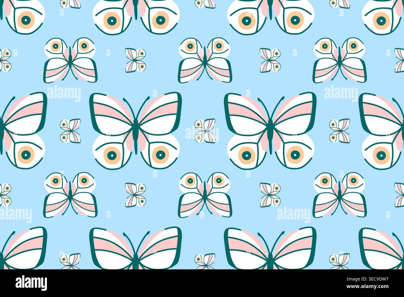 Seamless pattern with white butterflies on blue, flying in a checkerboard pattern Stock Vector