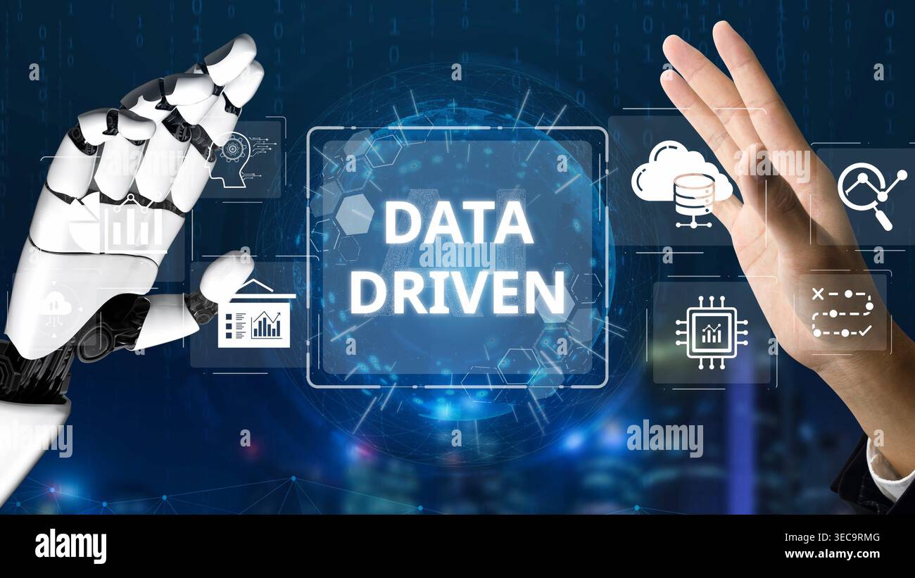 Data-driven decision-making empowers business through analytics, datum collection, and AI systems. Data driven tools support cloud data processing and Stock Photo