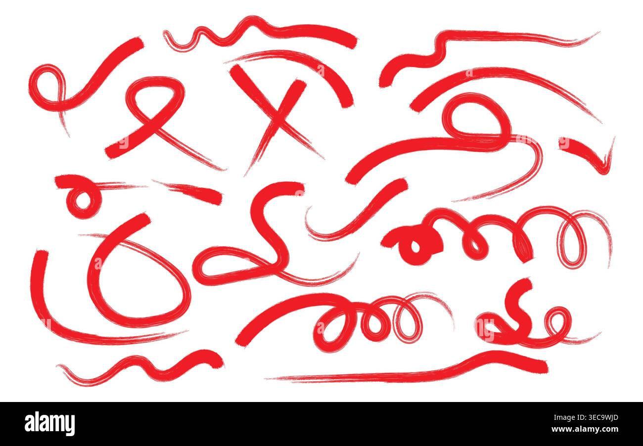 Red artistic paint brush strokes set on white background Stock Vector