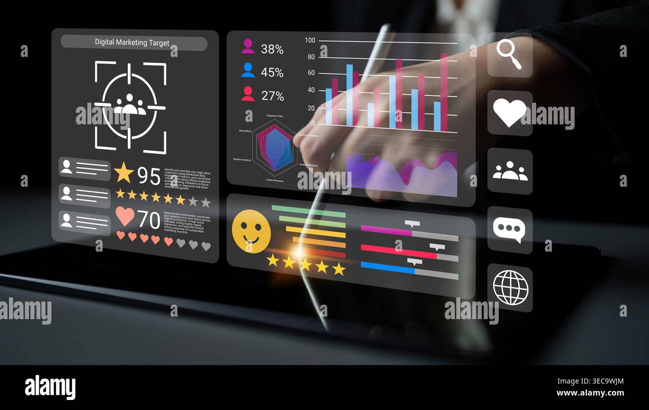 Explore a cutting-edge digital marketing analysis featuring interactive graphs and performance metrics on a touchscreen device, showcasing essential i Stock Photo
