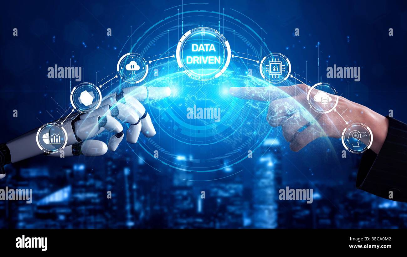 Data-driven decision-making empowers business through analytics, datum collection, and AI systems. Data driven tools support cloud data processing and Stock Photo