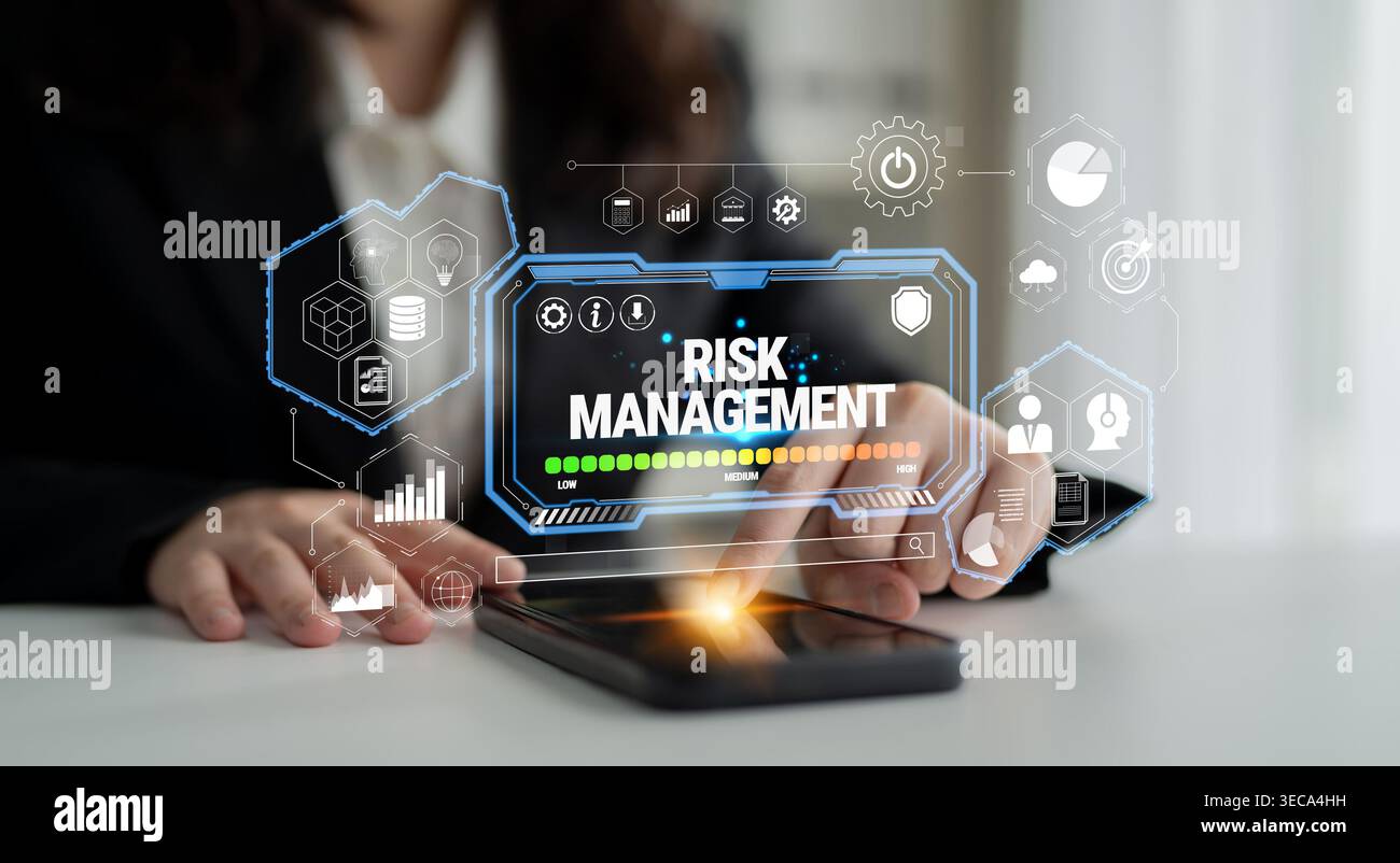 Professional risk management concept featuring digital interface and modern technology displaying analytics and strategic insights for decision making Stock Photo