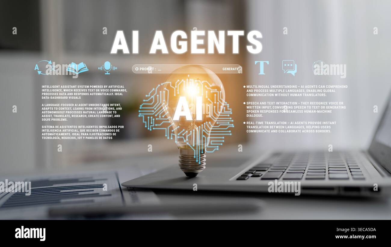 Innovative AI Agents Concept Visualization with Light Bulb and Laptop Representing Future of Technology and Intelligence in Modern Business and Resear Stock Photo