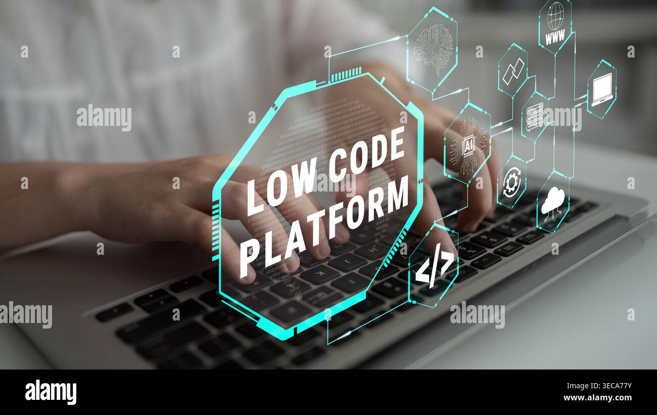 Innovative Low Code Platform Concept for Future Software Development with Hands on Keyboard and Digital Interface Elements Quark. Stock Photo