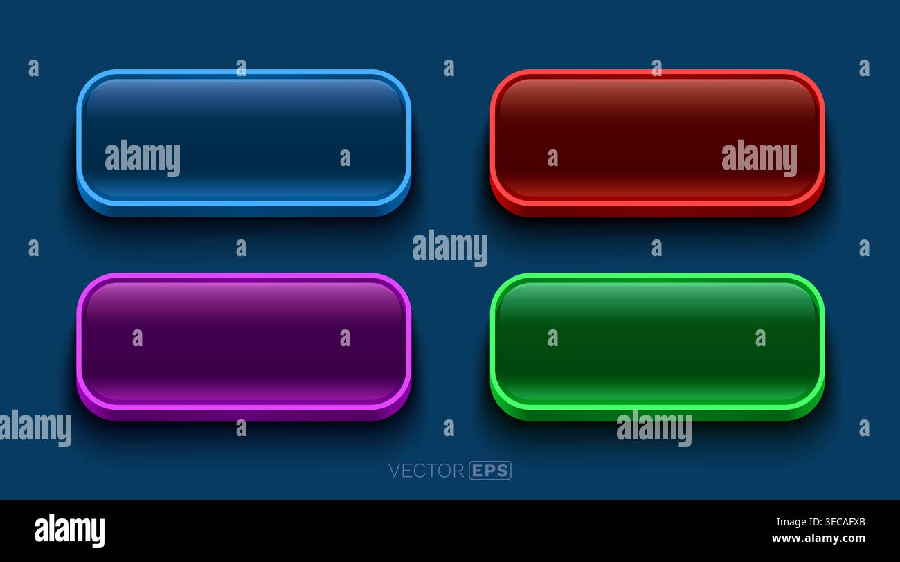 Set of four vibrant, glossy, rounded rectangular buttons. Modern UI elements for web design or user interfaces. Vector illustration Stock Vector