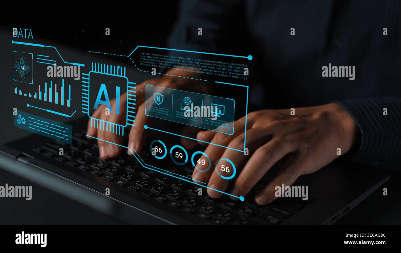 Hands Typing on Laptop with Futuristic Data Visualization and AI Interface Displaying Technology and Digital Elements in Dark Setting Gluon. Stock Photo