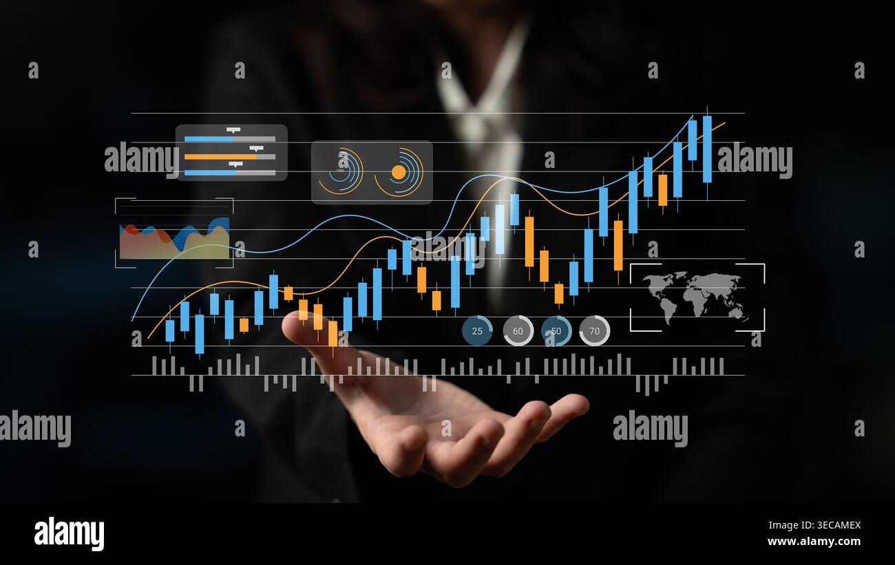 A business professional illustrates financial growth through vibrant animated graphs and charts, emphasizing modern technology and data analysis in a Stock Photo