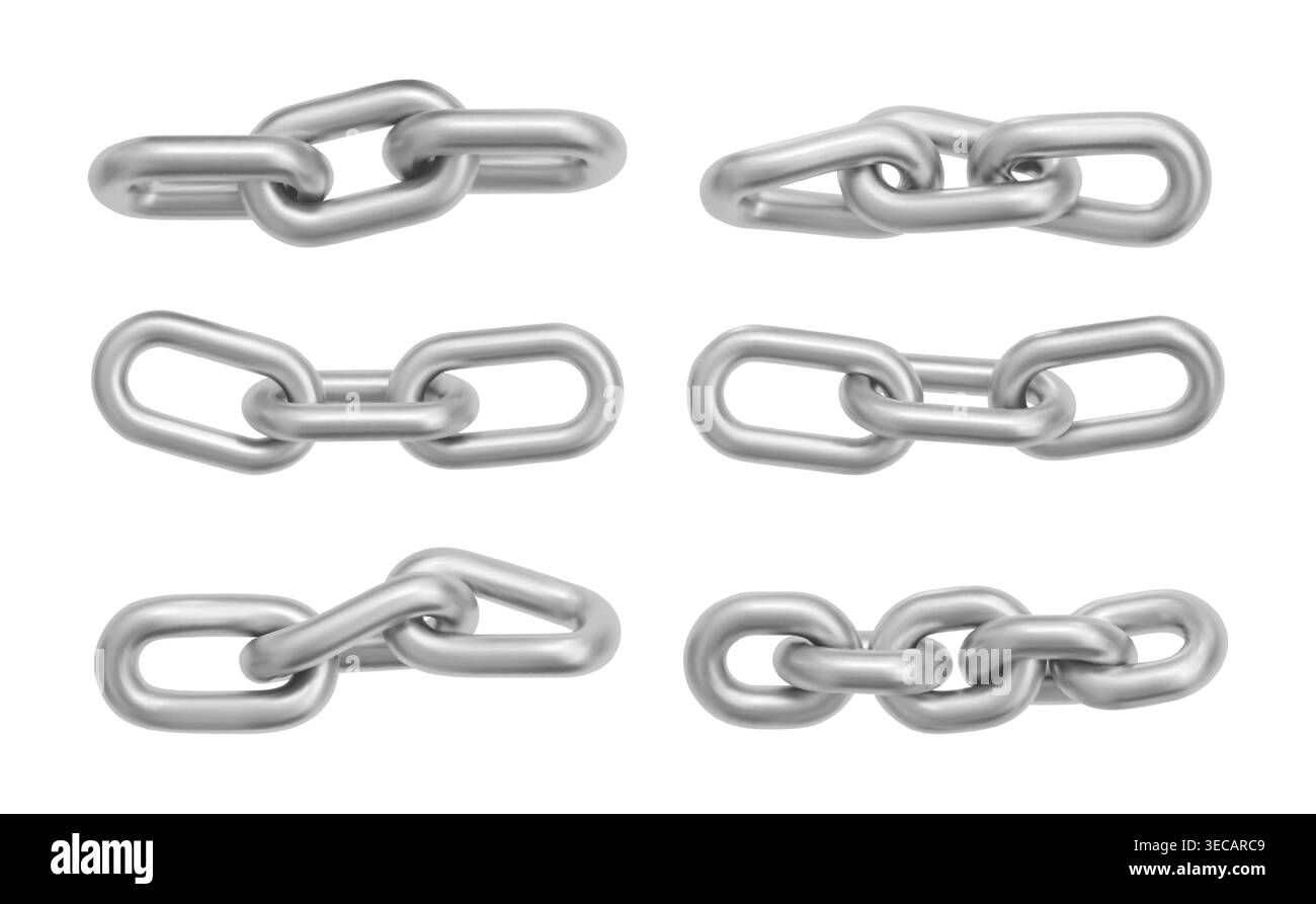 Chrome chain links set isolated on white background. Vector realistic illustration of metallic silver necklace details, 3D steel jewelry design, symbol of security or cooperation, seamless pattern Stock Vector