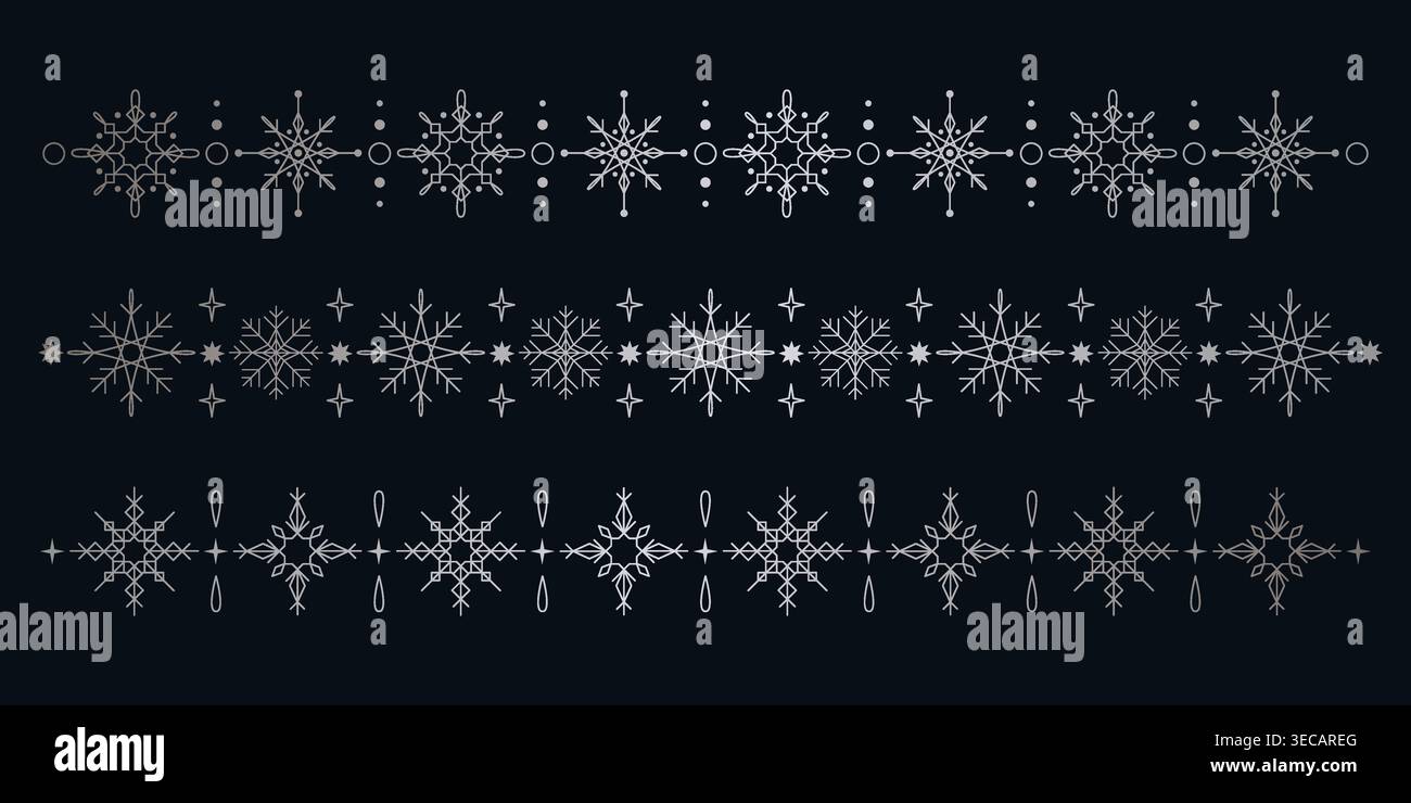 Silver snowflake borders, elegant winter seamless patterns isolated on dark background. Festive snow ornaments, decorative frames for holiday greeting cards, Christmas banners, and New Year designs. Stock Vector