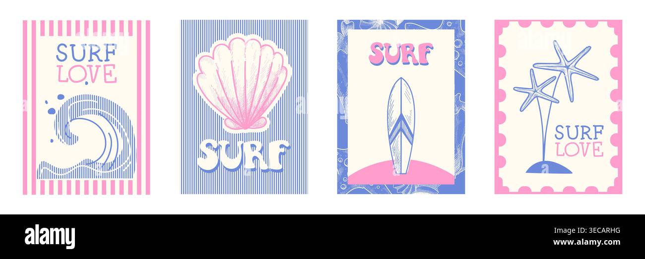 Retro set of love surf posters in pastel pink and blue colors