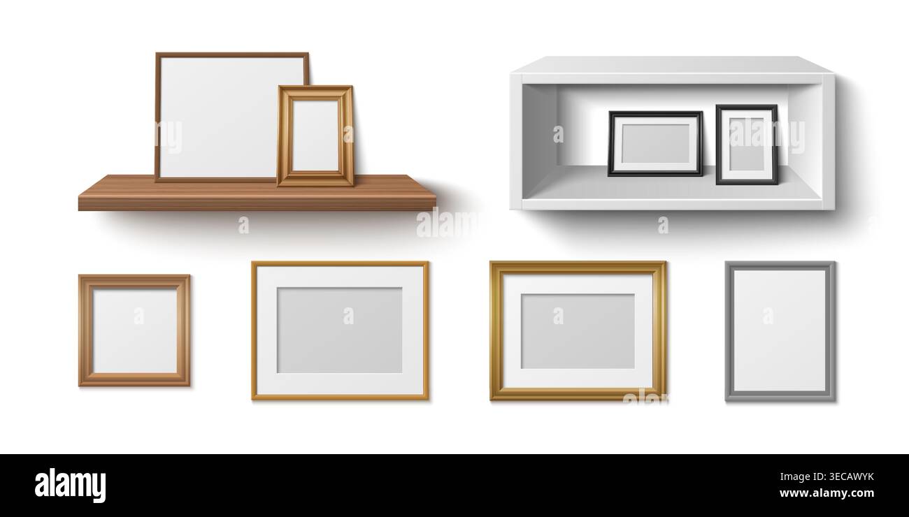Realistic wooden shelf with empty frames mockup, vector illustrations. Product display elements, home white wall decor or retail exhibition with blank picture borders. 3D furniture with wood texture Stock Vector