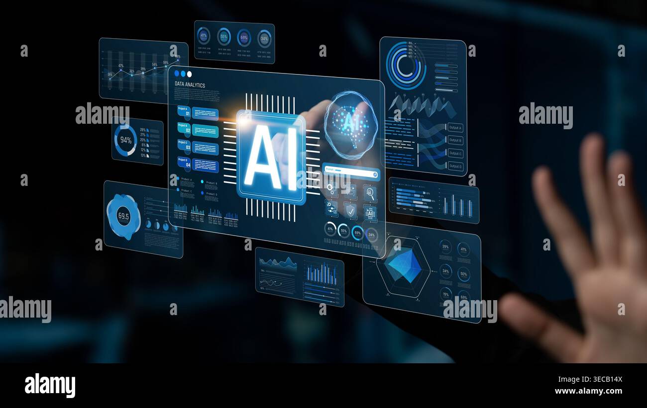 Futuristic Digital Interface Displaying Artificial Intelligence Metrics with Data Visualizations and User Interaction in a Technology Environment Sigm Stock Photo
