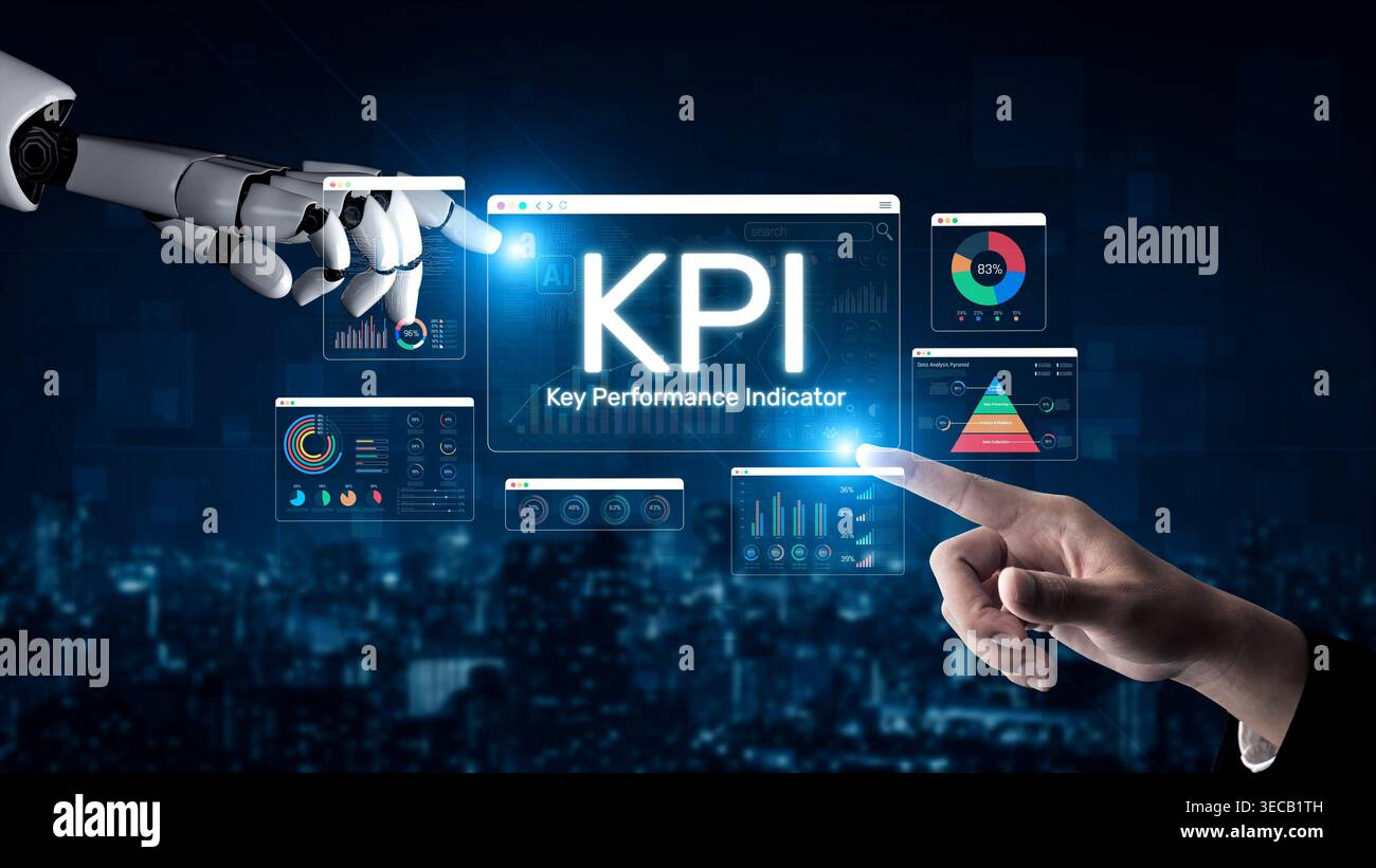 Futuristic Interface with Robotic Hand and Human Finger Interacting with KPI Dashboard and Data Analytics Visualizations Sigmoid Stock Photo