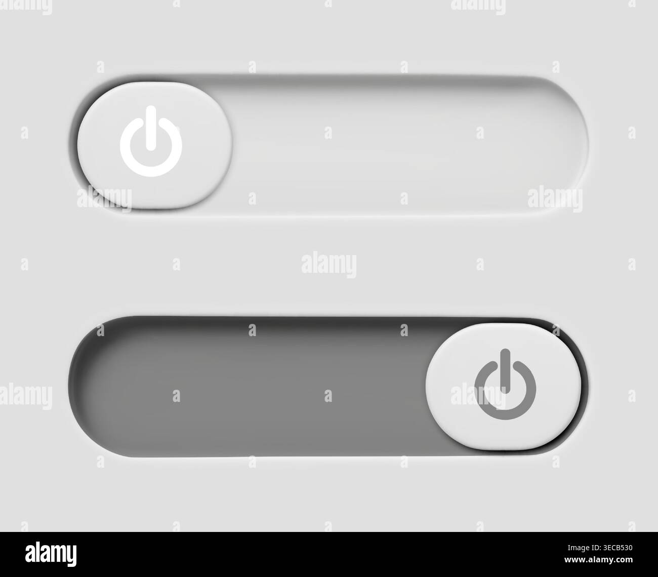 Modern 3D toggle switch icons with slider button, on and off mode, realistic vector illustration. Grey vector UI element for web interface design, active and inactive states Stock Vector