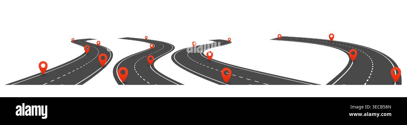 Winding highway road with infographic 3D isometric location pins ...