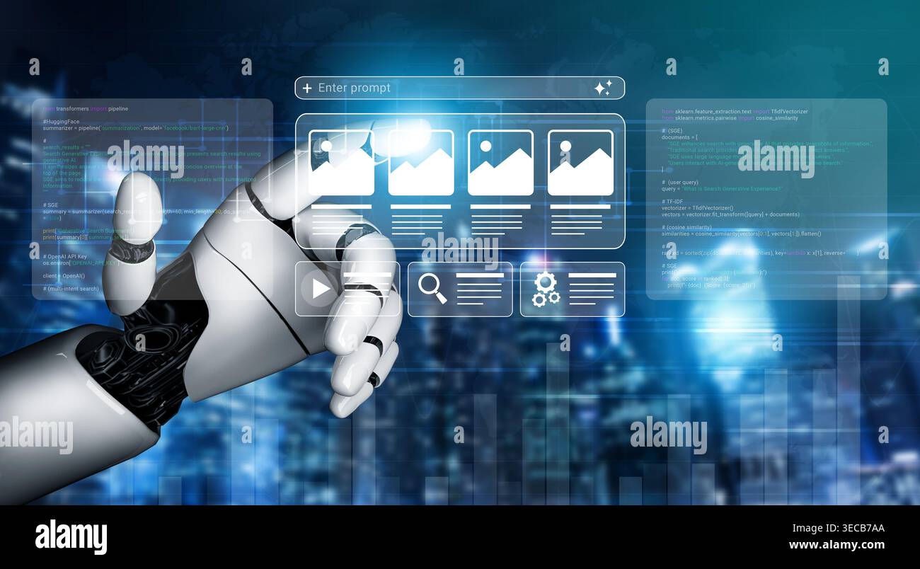 A modern robotic hand engages with an interactive digital interface displaying images, code, and data in a high-tech cityscape, symbolizing the future Stock Photo