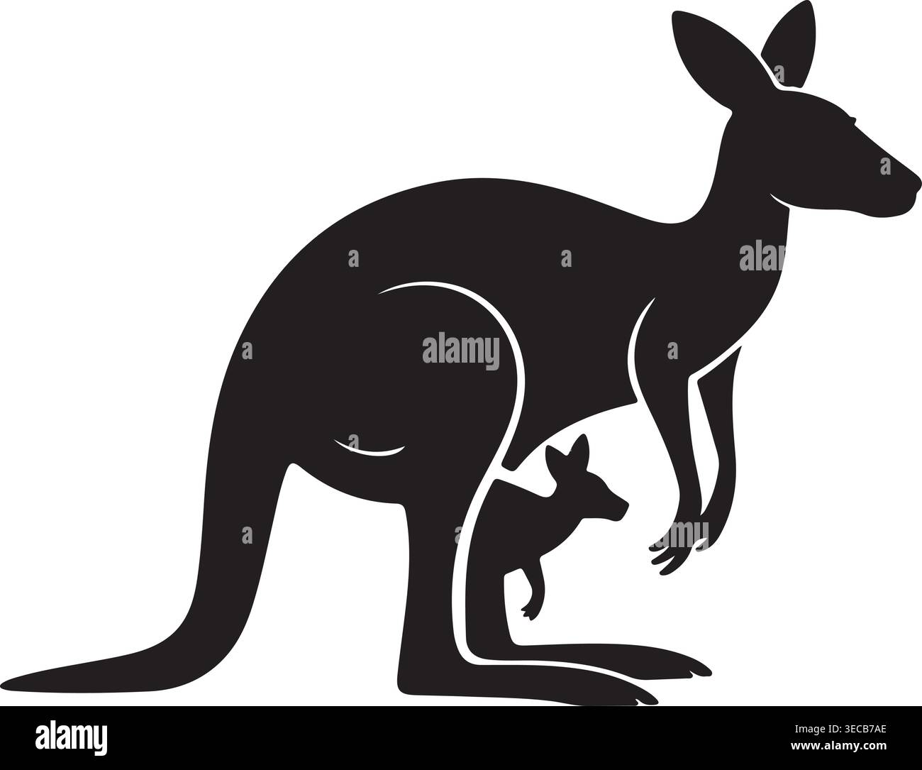 Kangaroo family silhouette, mother with baby joey in pouch, black ...