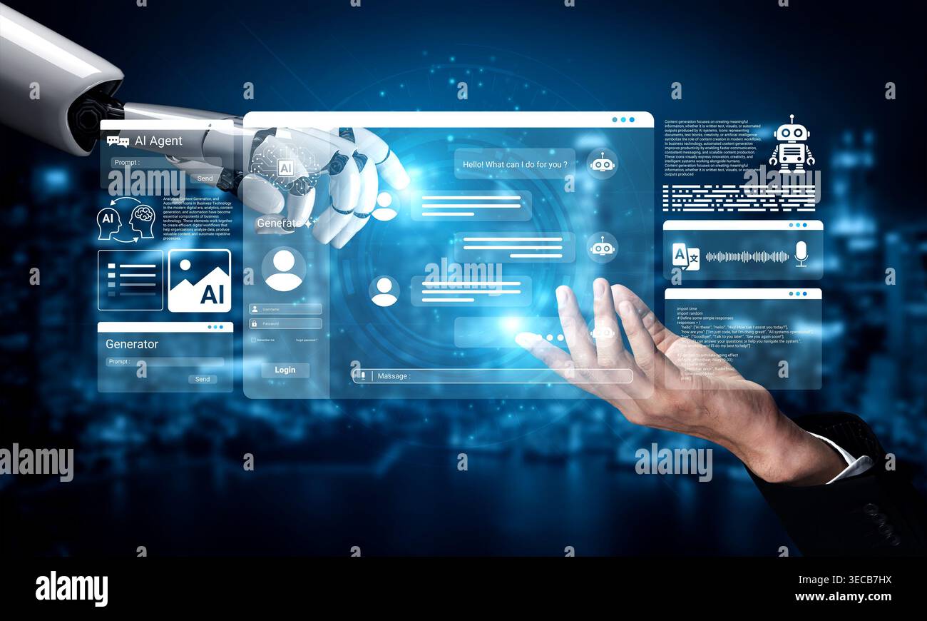 A futuristic scene featuring a robot hand reaching out to a human hand, symbolizing the connection between artificial intelligence and human interacti Stock Photo