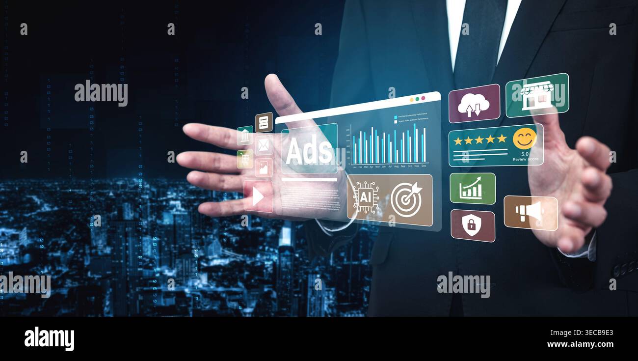 A businessman stands with hands outstretched, presenting a holographic digital interface featuring advertising metrics, analytics, and engaging visual Stock Photo