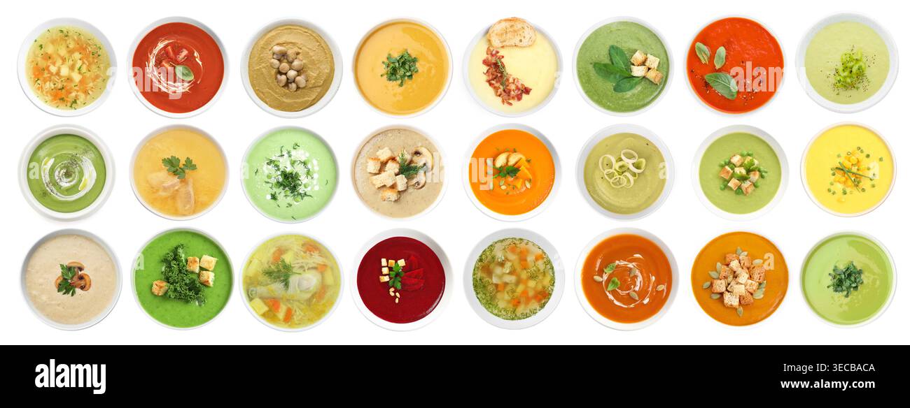 Different tasty soups in bowls isolated on white, collage. Top view Stock Photo