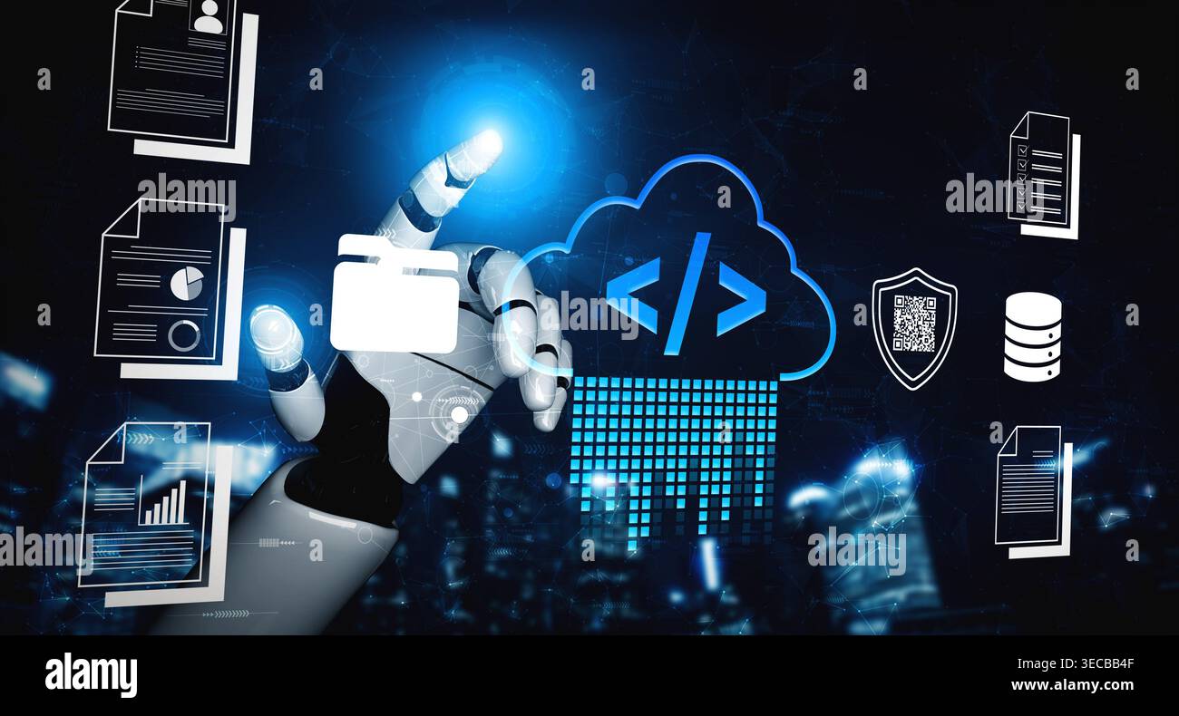Futuristic Robot Hand Interacting with Cloud Computing Elements and Digital Data Visualization in a High-Tech Environment Fluxor. Stock Photo