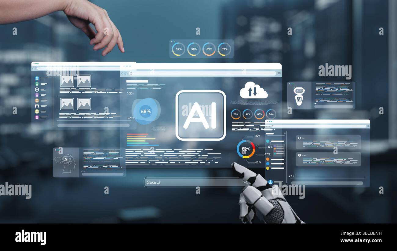 A modern digital workspace showcases advanced AI technology, featuring data analytics, interactive elements, and user-friendly interfaces, highlightin Stock Photo
