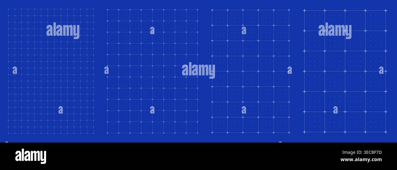 Blueprint grid set dot matrix cross geometry, four scale variations. Wide medium dense micro spacing comparison, engineering layouts dashboards pages interface planning systems technology graphics.  Stock Vector