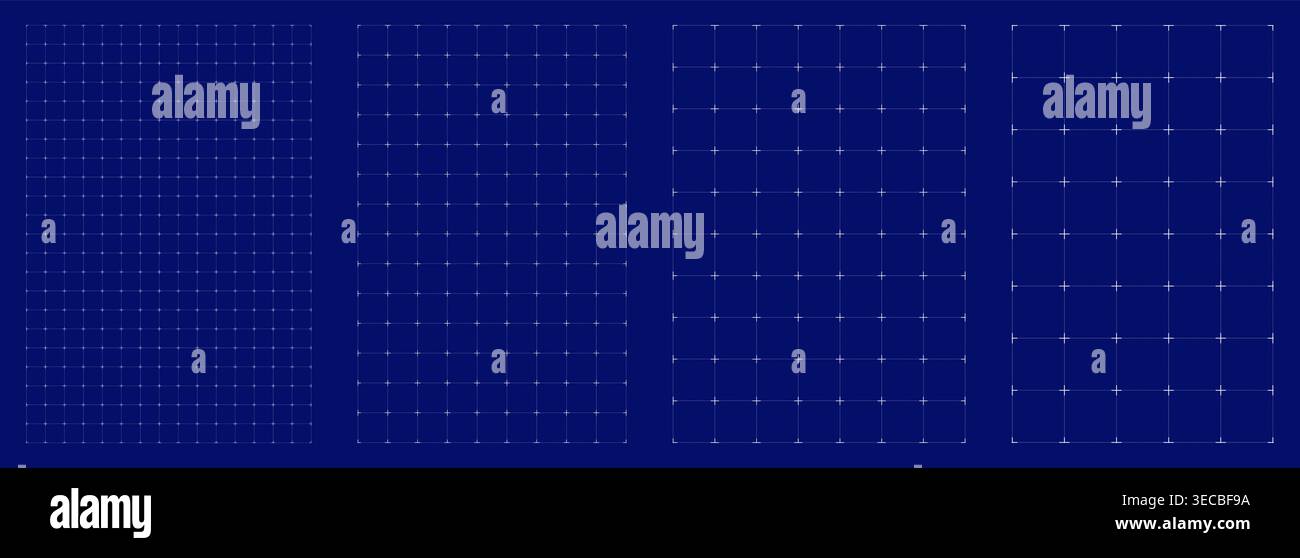 Blueprint grid set dotted axis geometry, four scale variations. Wide medium dense micro spacing comparison, engineering layouts dashboards notebook pages interface planning systems technology graphics Stock Vector
