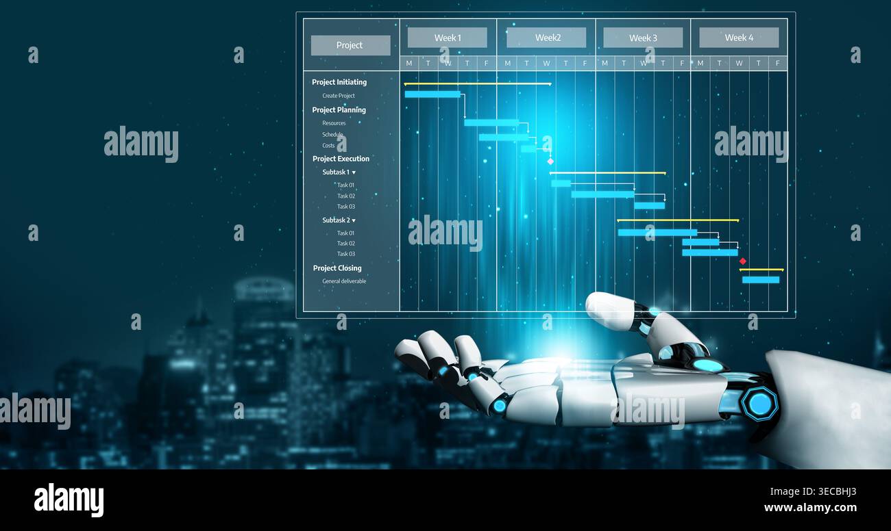A robot hand showcases a project management Gantt chart with a glowing digital interface, set against a futuristic city skyline, symbolizing innovatio Stock Photo