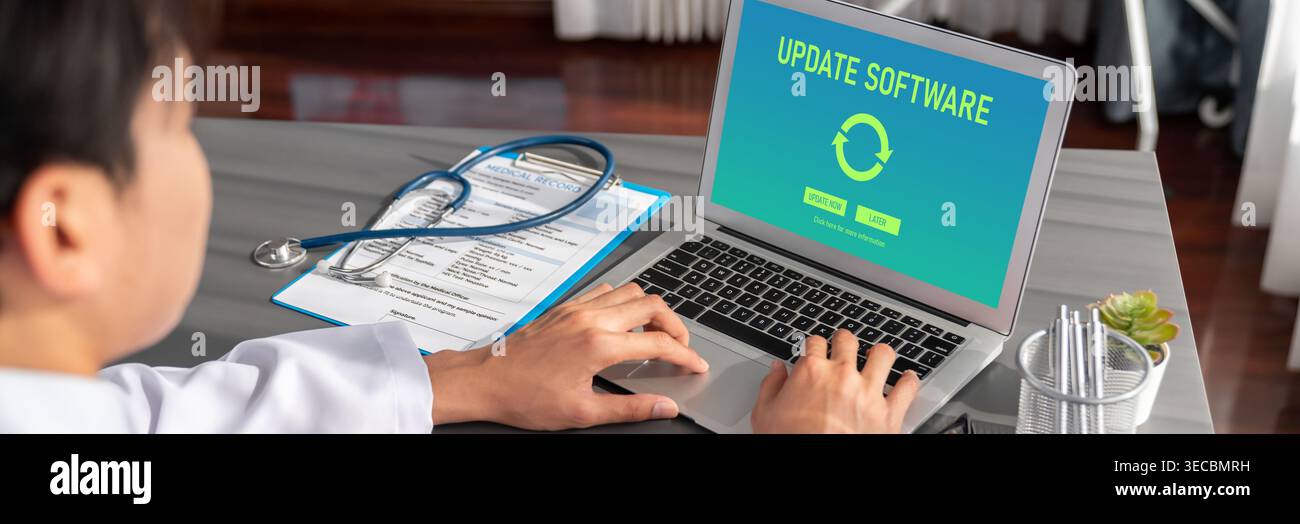 Software update on computer for brisk version of device software upgrade Stock Photo