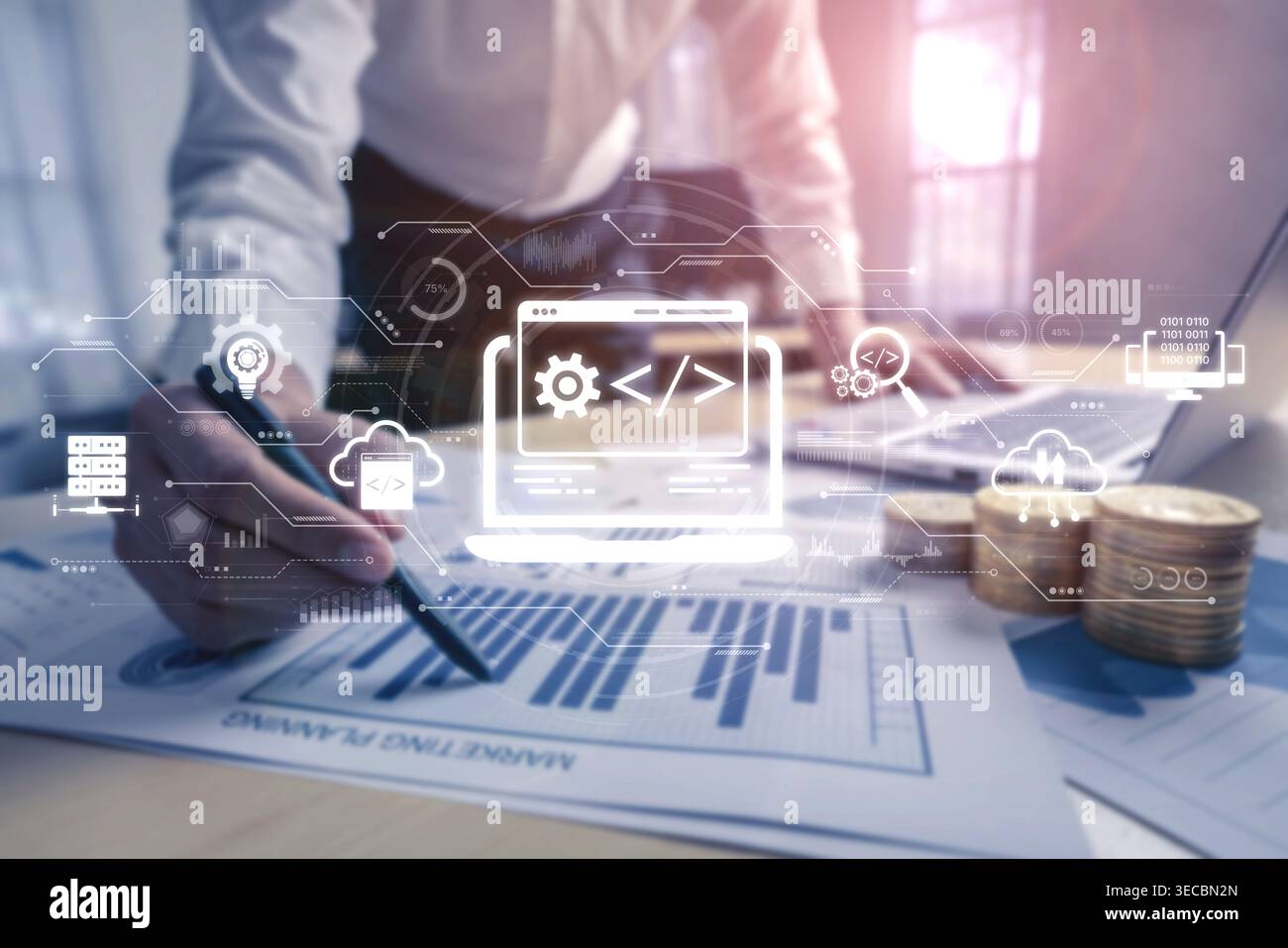 Modern web development concept featuring coding symbols, web development process, web development interface, and web development tools with futuristic Stock Photo