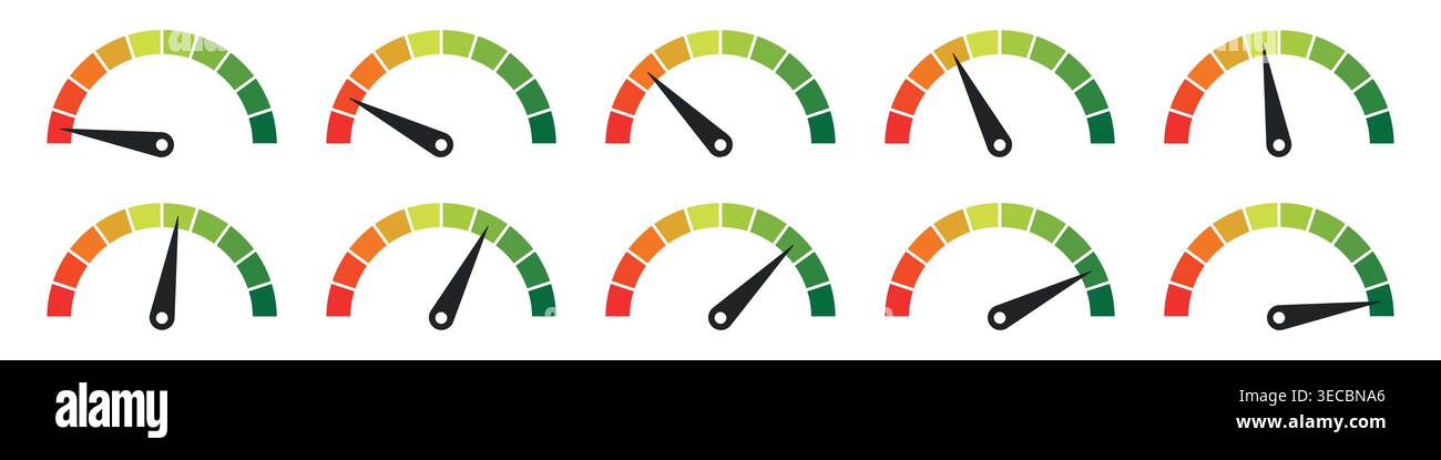 Speedometer icon set or Tachometer icon concept of dashboard, gauge, meter, speed, indicator, performance, dial, level, control, measurement Stock Vector
