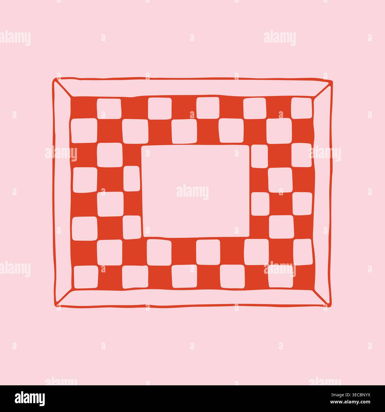Hand drawn rectangular frame featuring red and pink checkered pattern ornament. Minimalist vector doodle border for picnic theme projects or kitchen Stock Vector