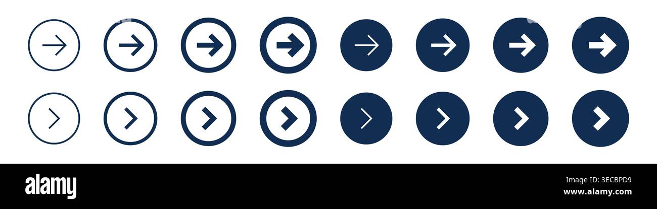 Arrow icon set. Next button symbol. Right, direction, navigation and forward sign for Web interface Vector illustration Stock Vector