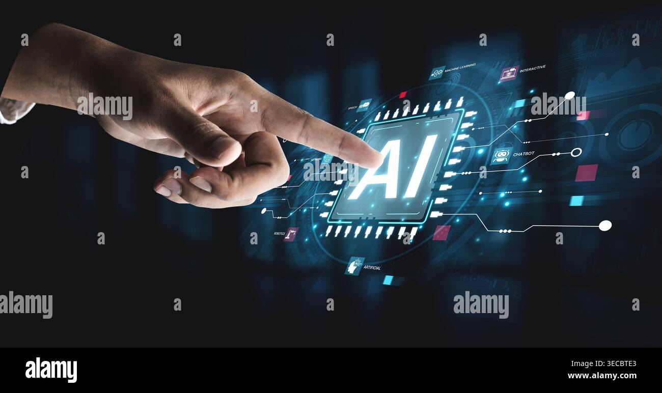 A technical diagram illustrating the core capabilities of Artificial Intelligence. This includes machine learning, robotics, speech recognition, and i Stock Photo