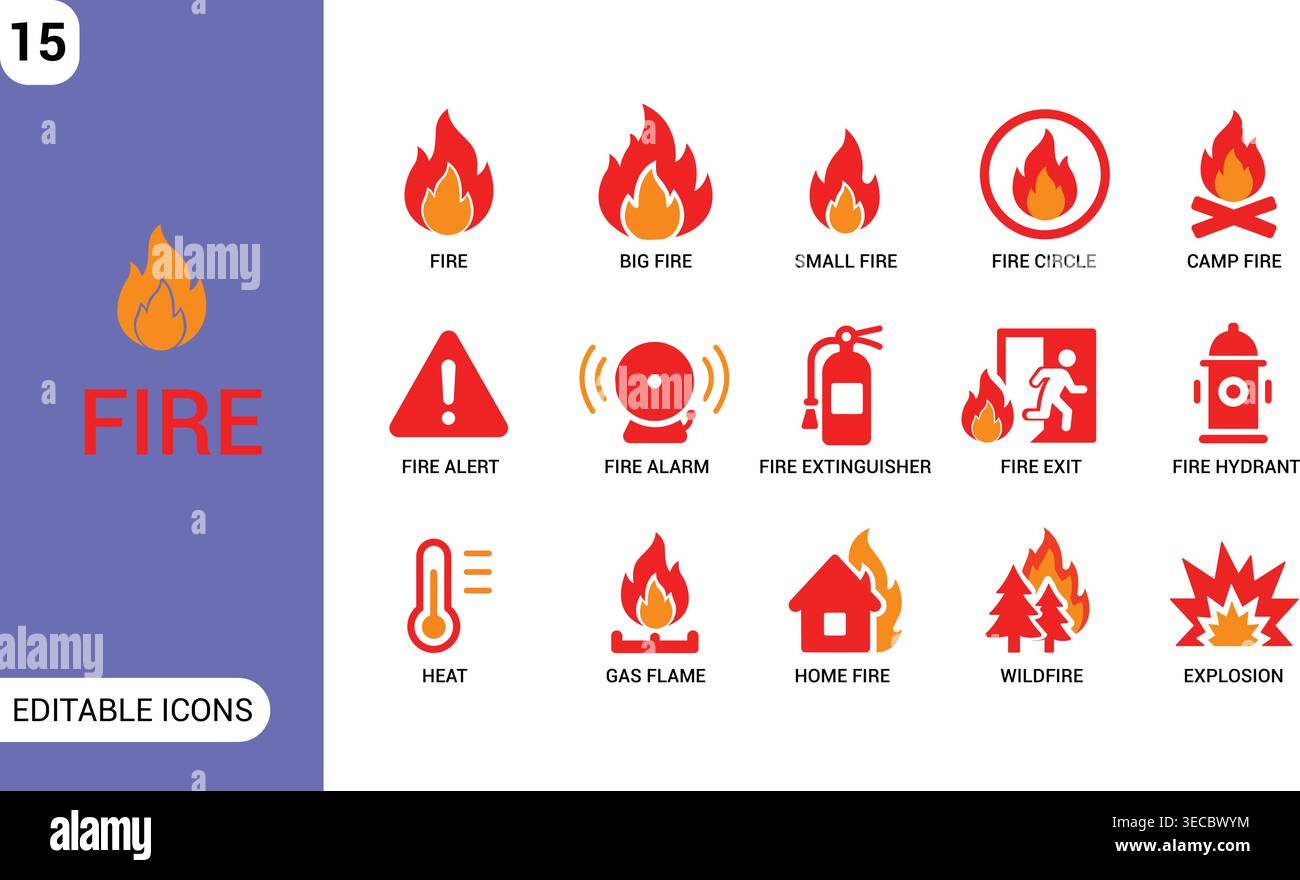 Fire Icon Set. Fire Safety, Alarm, Emergency, Flame, Extinguisher and Hazard Editable Vector Icons Collection Stock Vector