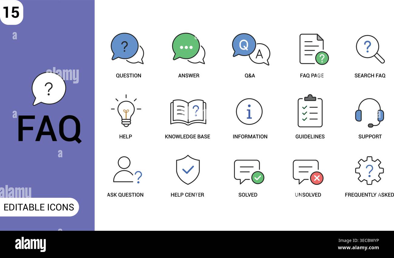FAQ Icon Set. Question Answer, Help Center, Support, Knowledge Base and Customer Service Editable Line Icons Stock Vector