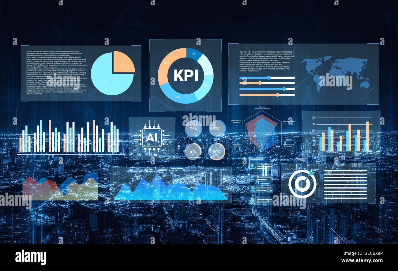 This image showcases a futuristic data visualization interface featuring key performance indicators and analytics charts set against a captivating cit Stock Photo